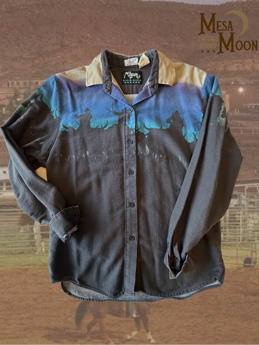 Vintage Roper Western Gradient Button-Up Shirt with Cowboy Silhouette
